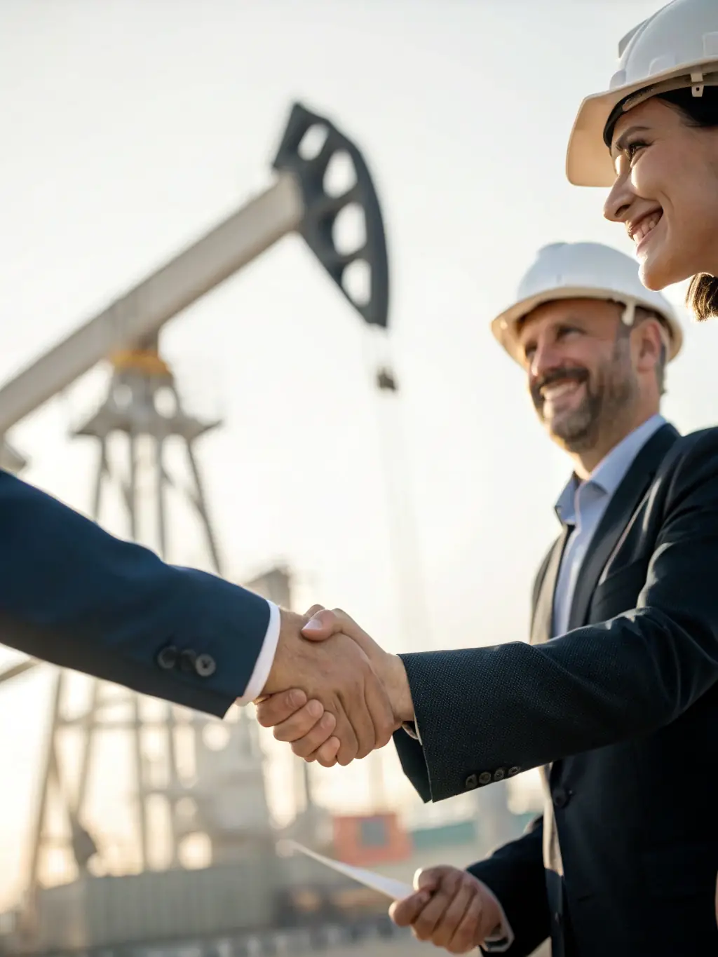 A photograph of a handshake between Foxtrot's CEO and a representative from Omega Energy International, symbolizing the strong partnerships and collaborative approach of the company.