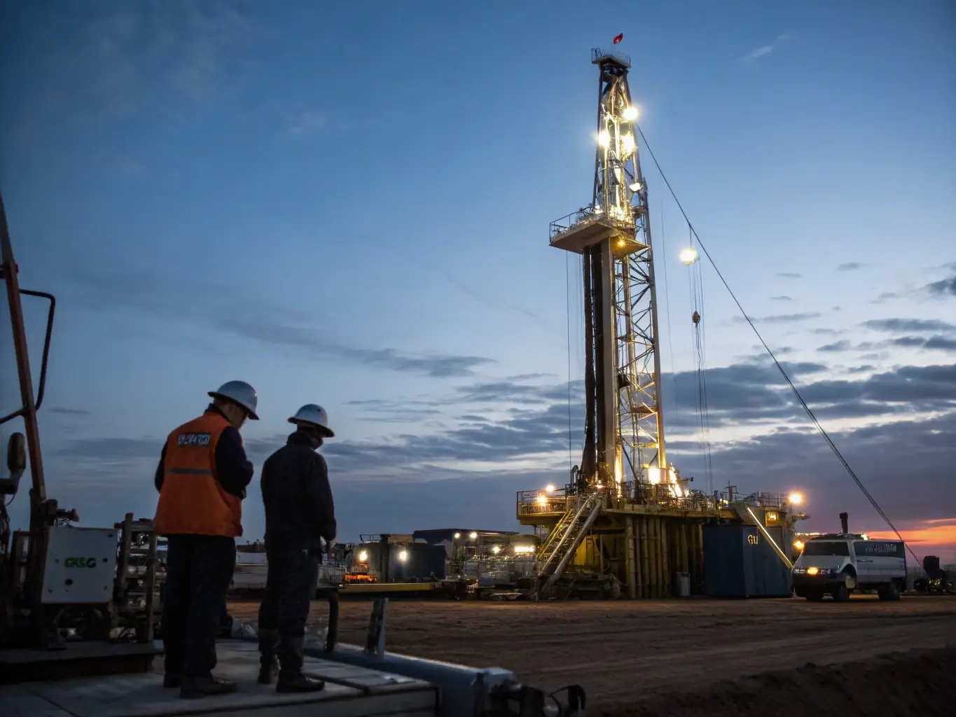 A photograph of a modern drilling rig at night, illuminated against the dark sky, symbolizing Foxtrot's advanced technology and operational capabilities.
