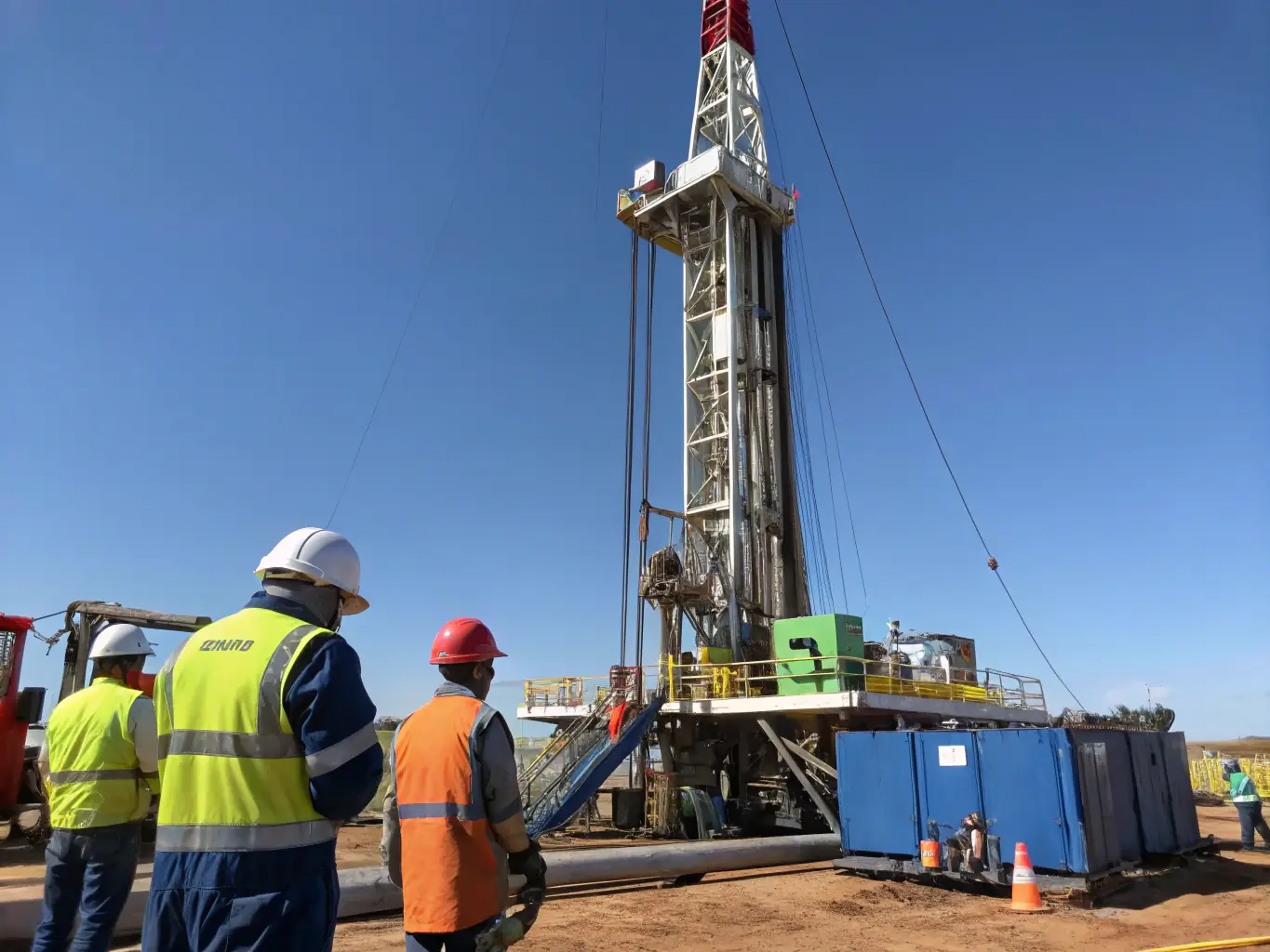 An image of a modern drilling rig being set up on a marginal oil field, illustrating the deployment of advanced technology for efficient development.